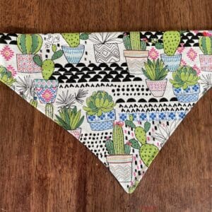 Colorful triangular fabric with cactus and geometric patterns on wood.