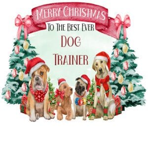 Christmas greeting card featuring dogs in festive attire for a dog trainer.